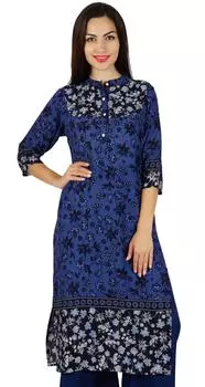 Бимба Женщины Синий Дизайнер Курта Курти С Карманами Повседневная Туника Мандарин Воротник Длинный 14 синий