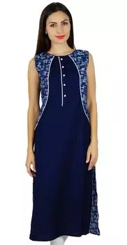 Бимба Женщины Синий Хлопок Курта Прямая Дизайнерская Курти Повседневная Летняя Туника Индийская Этническая 18 синий