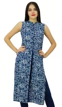 Бимба Женщины Синий Печатный Хлопок Курта Дизайнер Прямой Курти Индийский Повседневный Ethinc 10 синий