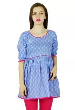 Bimba Женщины Синяя Хлопковая Туника Топ Индийская Блузка 3 4 Рукава Курта Курти 16 синий