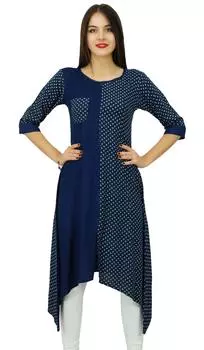 Бимба женская асимметричная длинная туника синяя повседневная куртка Курти 3 4 рукава 10 темно-синий