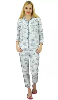 Бимба женская белая хлопковая ночная одежда с принтом пижамный комплект рубашка с длинными рукавами с 10 белый