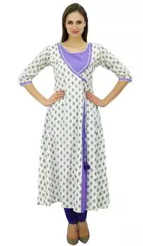 Бимба Женская Белая Курти Анграха Стиль Хлопок Дамы Длинная Курта Индийская Этническая 10 белый