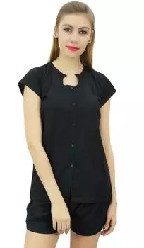 Bimba Женская черная пижама на пуговицах, комплект из 2 предметов, рубашка и шорты, ночное платье-10 10 персиковый