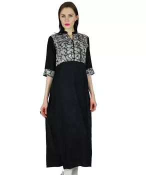 Бимба женская длинная этническая обычай курта курти формальная индийская туника 3 4 рукава 10 чёрный