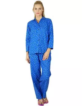 Bimba Женская хлопковая ночная одежда Пижамный комплект Печатная рубашка с длинным рукавом с 10 синий