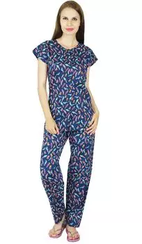 Bimba Женская хлопковая ночная одежда Пижамный комплект с коротким рукавом и пижамой- 10 темно-синий