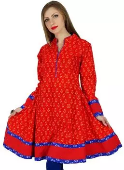 Бимба женская короткая Anarkali Kurti с длинным рукавом Flaired Туника индийская этническая 10 оранжевый