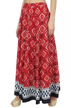 Бимба женская красная хлопковая юбка с принтом батика эластичная талия макси лето Large красный