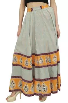 Бимба Женские хлопковые хлопковые летние макси с эластичной резинкой на талии, серые с блоками, летние макси Large серый