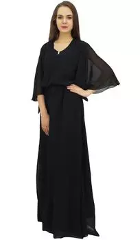 Bimba Женское черное платье макси из жоржета с эластичной резинкой на талии и расклешенными рукавами - 10 чёрный