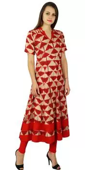 Бимба Женское Длинное Анаркали Курти Курти Половина Рукава Классическое Красное Платье Индийская Мода 12 красный