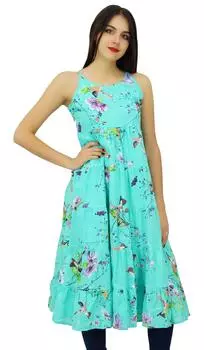 Бимба женское хлопковое платье с принтом Speghatti Strap Flaired Summer Beach Kurta Kurti Long Tunic Aqua 10 аква голубой