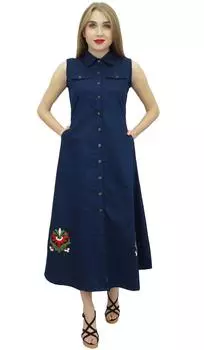 Bimba Женское Классическое платье-рубашка с воротником-стойкой Темно-синие платья без рукавов - 4 темно-синий