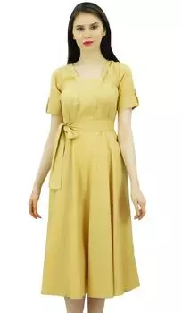 Bimba Женское льняное платье прямого кроя с короткими рукавами и поясом Повседневные платья 10 бежевый