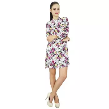 Bimba Женское платье с длинным рукавом и принтом из вискозы Повседневное воротник-стойка Skater 10 белый