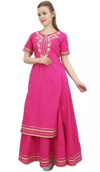 Бимба женское пурпурное дизайнерское хлопковое длинное платье с юбкой курта индийская одежда - 10 горчичный