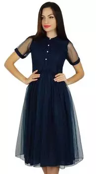 Бимба женское темно-синее сетчатое платье прямого кроя с карманами прозрачные пуф шикарные платья миди 18 темно-синий