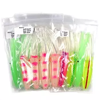 Bimoo 1 пакетик = 4 шт. 12 см мягкие приманки для кальмара, отсадка, рыбалка, морская рыболовная приманка, осьминог, светящаяся прозрачная розовая приманка для DIY снастей