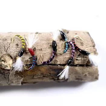 Bimoo, 24 шт., разноцветные крючки для ловли мух, нимфы, зуммера, крючки для ловли форели, яркие цвета, приманки для личинок, размер 16