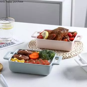 Бинауральная прямоугольная керамическая тарелка, специальная посуда для духовки, обеденная тарелка, декоративная посуда, миска для выпечки, фруктовый салатник белый