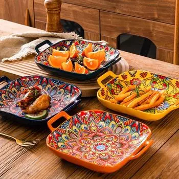 Бинауральная ручка тарелка для обеда квадратная салатница бытовая тарелка для фруктов микроволновая печь Style C