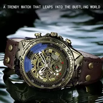 BINBOND Bronze Bezel Automatic Mechanical Watches Leather Waterproof Mens Wristwatch Retro Skeleton Steampunk Watch for Men коричневый