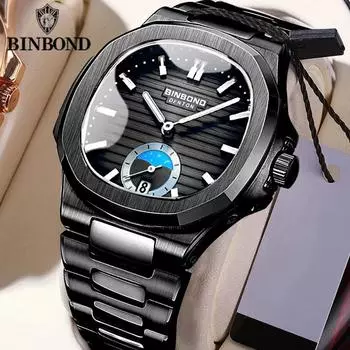 BINBOND Business Men Watches Quartz Fashion Classics Versatile Stainless Steel 30M Waterproof Luminous Luxury Men Watches серебряный/синий