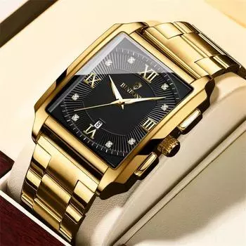 BINBOND Business Watch Men s Watch Calendar Date Function Rhinestone Stainless Steel Watchband Male Quartz Watch Gift золотой/чёрный