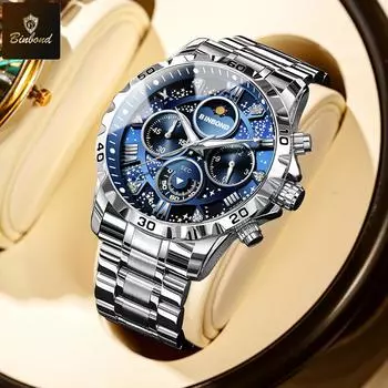 BINBOND Часы-хронограф, модные мужские часы, водонепроницаемые, со стразами, циферблат из нержавеющей стали, кварцевые часы, подарок чёрный/серебряный