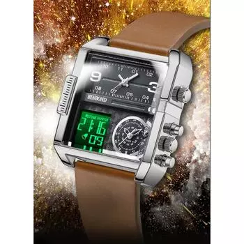 BINBOND Часы с большим квадратным циферблатом, многофункциональные спортивные кварцевые часы, мужские часы с подсветкой, модные наручные часы в повседневном стиле коричневый/белый