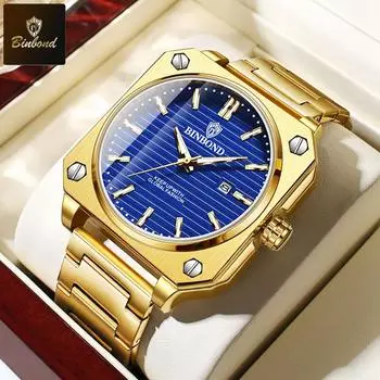 BINBOND Деловые модные мужские часы водонепроницаемые календарь функция дата ремешок из нержавеющей стали со стразами кварцевые часы серебряный/синий