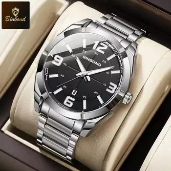 BINBOND Деловые мужские роскошные часы из нержавеющей стали кварцевые наручные часы мужские автоматические часы с датой и светящимися стрелками мужские часы синий/серебряный