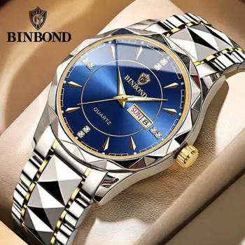 BINBOND Fashion Quartz Watch Ultra Thin Diamond Business Gold Watches Rhombic Three Dimensional Design Stainless Steel Luminous Watches with Gift Box синий