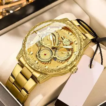 BINBOND Luxury Men s Dragon Watch Gold Relief Watches Business Three Eyed Dragon Luminous Waterproof Quartz Watch чёрный/золотой