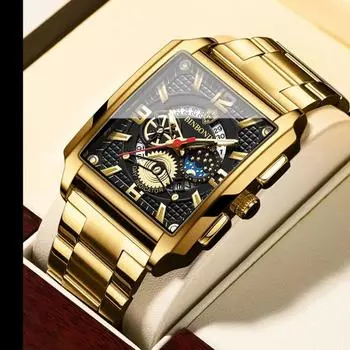 BINBOND Luxury Original Stainless Steel Waterproof Quartz Wristwatches Square Unique Male Clock Gold Watches for Men чёрный/ярко-розовый