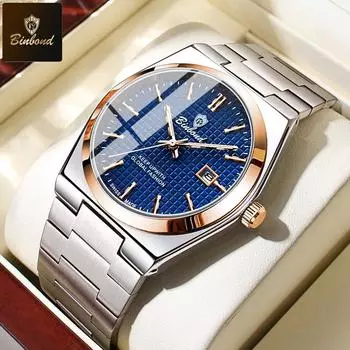 BINBOND Luxury Quartz Man Wristwatch Sport Men Watches Waterproof Luminous Date Week Stainless Steel Men s Watch серебряный/синий