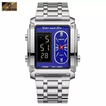 BINBOND Luxury Watches for Men Fashion Quartz Wristwatch Square Gold Stainless Steel Waterproof Luminous Business Watches серебряный/синий