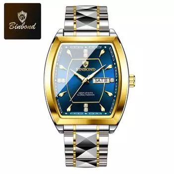 BINBOND Men s Watch Authentic Light Luxury Wine Barrel Steel Belt Waterproof Night Light Calendar Men s Student Quartz Watch серебряный/синий