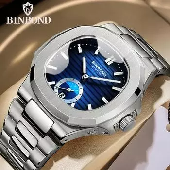 BINBOND Men s Watches Business Clock Top Luxury Brand Quartz Men Watch Stainless Steel Waterproof Luminous Wristwatch синий/серебряный