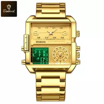 BINBOND Men s Watches Luxury Original Stainless Steel Waterproof Watch for Men Multifunctional Quartz Wristwatch Gold Men Watch серебряный