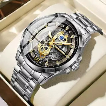 BINBOND Men Wrist Watches Unique Design Stainless Steel/Leather Strap Male Clock Gold Top Brand Luxury Waterproof Men Watches Leather Strap золотой/чёрный