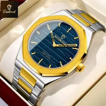 BINBOND Модные деловые мужские кварцевые часы водонепроницаемые ночные восьмиугольные светящиеся модные мужские кварцевые часы подарок серебряный/белый