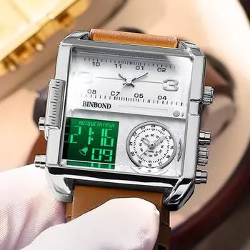 BINBOND Модные квадратные наручные часы с большим циферблатом, кварцевые часы с тремя дисплеями для мужчин, многофункциональные спортивные часы, мужские наручные часы белый/коричневый