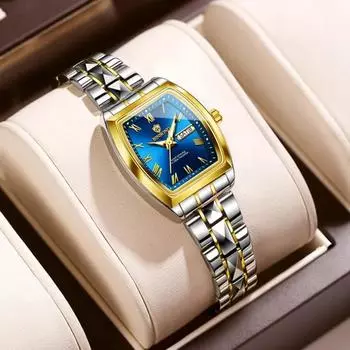 BINBOND Модные кварцевые женские часы Простые элегантные винные бочкообразные циферблаты с золотым ремешком из нержавеющей стали Водонепроницаемые часы для отдыха и бизнеса серебряный/синий