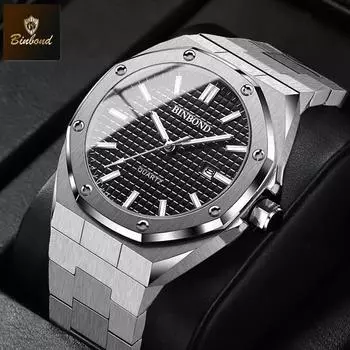 BINBOND Модные роскошные деловые кварцевые многофункциональные мужские часы со стальным браслетом и восьмиугольным винтом чёрный/серебряный