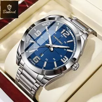 BINBOND Мужские часы Большие цифровые модные деловые водонепроницаемые календарные ночные светильники из нержавеющей стали кварцевые мужские часы мужской подарок синий/серебряный