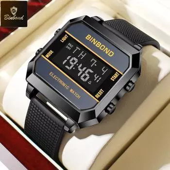 BINBOND Мужские часы деловые спортивные многофункциональные будильники водонепроницаемые силиконовые ремешки мужские студенческие модные электронные наручные часы чёрный