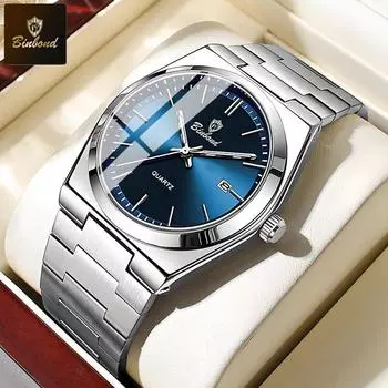 BINBOND Мужские часы из нержавеющей стали, спортивные, модные, оригинальные, кварцевые, водонепроницаемые, с подсветкой, мужские наручные часы синий/серебряный