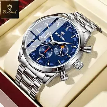 BINBOND Мужские часы многофункциональные оригинальные кварцевые часы для мужчин водонепроницаемые светящиеся часы с фазами Луны мужские часы-хронограф синий/серебряный